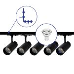 Komplettset 1-Phasen Rail L 1 x 2 Meter Schwarz | incl. 5x Spot + GU10 2700K 3W Dimmbar + Abschlusskappe, Stromanschluss und L -Verbinder